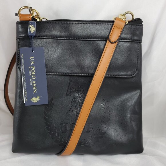 U.S. Polo Assn. Black & Tan Crossbody Bag Purse Embossed Logo & Adjustable Strap - Picture 1 of 12